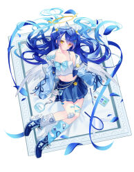 1girl absurdres ahoge amamiya_kokoro angel_wings asymmetrical_legwear bandaid bandaid_on_leg blue_hair blue_leg_warmers blue_shirt blue_shoes blue_skirt blush camisole closed_mouth commentary_request crop_top cross-laced_clothes cross-laced_sleeves feathered_wings floating_hair frilled_shirt_collar frills full_body hair_ornament hair_ribbon hairclip halo highres leg_warmers long_hair long_sleeves looking_at_viewer loose_socks midriff miniskirt mismatched_legwear navel nijisanji open_clothes open_shirt parted_bangs picture_frame pleated_skirt ribbon sailor_collar shirt shoes simple_background single_leg_warmer single_off_shoulder single_sock skirt sleeves_past_wrists sneakers socks solo two_side_up uneven_legwear ureinnn very_long_hair virtual_youtuber white_background white_camisole white_ribbon white_sailor_collar white_socks white_wings wings x_hair_ornament yellow_eyes