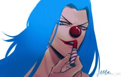 Rule 34 | 1boy, applying lipstick, applying makeup, blue eyes, blue hair, buggy the clown, clown nose, commentary, cosmetics, eyelashes, highres, holding, holding lipstick tube, lipstick, lipstick tube, long hair, looking at viewer, makeup, male focus, one piece, open mouth, signature, simple background, symbol-only commentary, vamos mk, white background