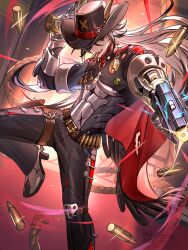 1boy black_pants boothill_(honkai:_star_rail) bullet dual_wielding gun highres holding holding_gun holding_weapon honkai:_star_rail honkai_(series) looking_at_viewer male_focus open_mouth pants sharp_teeth smile solo standing standing_on_one_leg teeth tsugutoku upper_teeth_only weapon