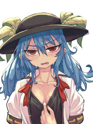 Rule 34 | 1girl, absurdres, black hat, black undershirt, blue hair, blush, breasts, cleavage, collared shirt, commentary request, hair between eyes, hat, hat ornament, highres, hinanawi tenshi, hot, kaden (muxt8423), leaf hat ornament, long hair, looking at viewer, medium breasts, red eyes, shirt, short sleeves, simple background, solo, sweat, textless version, touhou, unbuttoned, upper body, white background, white shirt