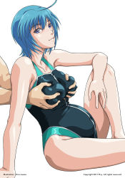 00s 10s 1boy 1girl artist_name asano_hiro black_one-piece_swimsuit blue_eyes blue_hair breasts competition_swimsuit covered_erect_nipples covered_navel elbow_on_knee grabbing_another&#039;s_breast groping haramasete_seiryuu-kun! hetero knee_up large_breasts lilith-soft looking_at_viewer looking_to_the_side matching_hair/eyes navel one-piece_swimsuit pregnant seiryuu_tougo short_hair sitting smile sportswear suzaku_natsuhime swimsuit