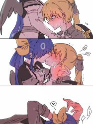 1boy 1girl 3koma assertive_female blonde_hair blush comic dizzy_(guilty_gear) guilty_gear heavy_breathing hetero highres kiss ky_gwangin ky_kiske white_background