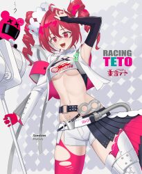 1girl absurdres ahoge arm_up artist_name asymmetrical_legwear asymmetrical_sleeves belt black_belt black_skirt black_sleeve_cuffs black_sleeves breasts buttons character_name compression_sleeve cosplay cowboy_shot cropped_shirt denim denim_shorts drill_hair elbow_gloves fang fingernails gloves goodsmile_racing groin hair_ornament half-skirt hatsune_miku hatsune_miku_(cosplay) helmet highres holding holding_megaphone kasane_teto loginazfy long_hair long_sleeves looking_at_viewer medium_breasts megaphone micro_shorts motorcycle_helmet navel open_mouth pink_gloves pink_helmet pink_skirt pink_thighhighs pleated_skirt racing_miku racing_miku_(2025) red_eyes red_hair red_nails shirt shorts skirt sleeves_past_wrists solo standing thighhighs tongue torn_clothes torn_thighhighs twin_drills twitter_username underboob uneven_legwear uneven_sleeves unworn_headwear unworn_helmet utau vocaloid white_shirt white_thighhighs