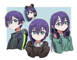 1girl :&lt; alternate_hair_length alternate_hairstyle asymmetrical_hair black_hoodie blue_shirt border bow breasts brown_hoodie closed_mouth collared_shirt cropped_shoulders dalidari27 drop_shadow green_background green_eyes green_hoodie hair_between_eyes hair_bow hair_over_shoulder haraga_kurumi headphones headphones_around_neck highres hood hoodie jacket kimi_no_koto_ga_dai_dai_dai_dai_daisuki_na_100-nin_no_kanojo light_blush long_hair looking_at_viewer mickey_mouse_ears multiple_views outside_border parted_bangs purple_hair red_bow shirt short_hair small_breasts sweater thick_eyebrows track_jacket turtleneck turtleneck_sweater v-shaped_eyebrows white_border zipper zipper_pull_tab