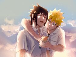 2boys arm_around_shoulder blonde_hair breast_pocket cellphone closed_eyes closed_mouth cloud collared_shirt commentary_request contemporary facial_mark highres holding holding_phone laughing looking_at_another looking_back male_focus mi73suki multiple_boys naruto_(series) naruto_shippuuden open_collar open_mouth phone pocket shirt short_hair sky smile spiked_hair teeth uchiha_sasuke upper_body upper_teeth_only uzumaki_naruto whisker_markings white_shirt wing_collar