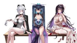3girls asymmetrical_legwear between_breasts black_bow black_bowtie blue_hair blush bow bowtie breasts bridal_lingerie bubble charm_(object) choker cinderella_(beautiful_me)_(nikke) cleavage collarbone colored_inner_hair crossed_legs frills goddess_of_victory:_nikke grey_hair groin haine_1871 hair_intakes hair_over_one_eye high_heels highres jacket jewelry large_breasts leather leather_jacket lingerie little_mermaid_(abyss_flower)_(nikke) long_hair looking_at_viewer mihara_(bonding_chain)_(pain_eater)_(nikke) multicolored_hair multiple_girls necklace purple_eyes purple_hair red_eyes sidelocks sitting skindentation sunglasses thighhighs thighs underwear white_background wrist_cuffs yellow_eyes