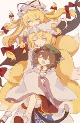 &gt;_&lt; 3girls :3 animal_ears blue_tabard blush cat_ears cat_girl cat_tail chen closed_eyes closed_mouth dress elbow_gloves fox_girl fox_tail gap_(touhou) gloves hair_between_eyes hair_ribbon hat highres hug hug_from_behind long_hair long_sleeves medium_hair mob_cap multiple_girls multiple_tails one-hour_drawing_challenge open_mouth purple_dress red_dress ribbon short_sleeves smile tabard tail touhou white_background white_dress white_gloves wusem0108 yakumo_ran yakumo_yukari