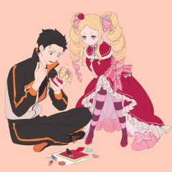 Rule 34 | 1boy, 1girl, age difference, beatrice (re:zero), black footwear, black hair, black jacket, black pants, blonde hair, blue eyes, bow, brown eyes, butterfly-shaped pupils, capelet, character doll, crown, doll, dress, dress bow, drill hair, fndlwm re, frilled dress, frilled sleeves, frills, full body, fur-trimmed capelet, fur trim, hair ribbon, highres, holding, holding needle, jacket, knitting, korean commentary, long hair, looking at doll, mini crown, multicolored jacket, natsuki subaru, neck ribbon, needle, open mouth, pants, pantyhose, paper, parted bangs, pink bow, pink ribbon, re:zero kara hajimeru isekai seikatsu, red capelet, red dress, ribbon, sewing, sewing needle, shoes, short hair, sidelocks, sitting, sneakers, stitching, string, stuffed toy, symbol-shaped pupils, teenage boy and younger girl, thighhighs, track jacket, track pants, twin drills, two-tone jacket, white jacket, wide sleeves