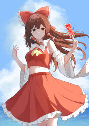 Rule 34 | 1girl, absurdres, ascot, between fingers, blue sky, bow, breasts, brown eyes, brown hair, closed mouth, cloud, commentary, day, detached sleeves, frilled bow, frilled hair tubes, frilled skirt, frills, hair bow, hair tubes, hakurei reimu, highres, holding, long hair, medium breasts, midriff, ofuda, ofuda between fingers, outdoors, red bow, red skirt, ribbon-trimmed sleeves, ribbon trim, skirt, skirt set, sky, smile, solo, touhou, yellow ascot, yinzzz