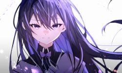 1girl akemi_homura black_hair bow bowtie cc.orange highres long_hair looking_at_viewer magical_girl mahou_shoujo_madoka_magica portrait purple_eyes solo straight-on very_long_hair
