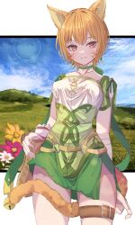 1girl alternate_eye_color animal_ears bell belt between_legs breasts brown_belt cat_ears cat_girl cat_tail choker closed_mouth collarbone facial_mark fire_emblem fire_emblem:_path_of_radiance fire_emblem:_radiant_dawn flower fuussu_(21-kazin) grass green_choker green_shorts hill laguz_(fire_emblem) lethe_(fire_emblem) looking_at_viewer nintendo o-ring o-ring_belt orange_hair orange_tail pouch short_hair shorts side_slit side_slit_shorts small_breasts smile solo tail tail_between_legs thigh_belt thigh_strap thighs whisker_markings