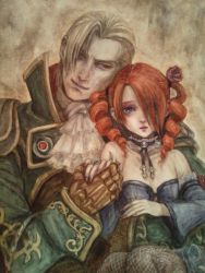 1boy 1girl amy_sorel blonde_hair drill_hair father_and_daughter hair_over_one_eye morito_leaf9 namco raphael_sorel red_hair soul_calibur soulcalibur soulcalibur_iii