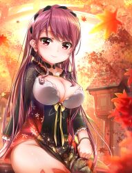 1girl absurdres ameya_erika autumn autumn_leaves battle_girl_high_school blush bracelet breasts cleavage closed_mouth dress eyelashes falling_leaves highres jewelry large_breasts leaf long_hair long_sleeves looking_at_viewer maple_leaf outdoors side_slit sitting solo tamanegi_(12030028) very_long_hair