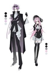 2boys alternate_costume artist_request black_bonnet black_coat black_gloves black_hair black_jacket black_pants black_shoes black_thighhighs bonnet bow buttons chinese_commentary cleavage_cutout closed_mouth clothing_cutout coat coat_on_shoulders color_guide commentary_request commission crossdressing curtained_hair double-breasted dress earrings eyewear_on_head frilled_dress frilled_thighhighs frills full_body gloves gothic_lolita grey_socks hand_on_own_cheek hand_on_own_face hatsutori_hajime height_difference highres jacket jewelry lapels lolita_fashion long_hair long_sleeves male_focus mary_janes multiple_boys pants parted_bangs pink_bow pink_hair purple_hair red_eyes saibou_shinkyoku second-party_source shoes short_dress short_hair simple_background smile socks sunglasses sweater theodore_riddle thigh_strap thighhighs trap turtleneck very_long_hair white_background white_sweater wide_sleeves