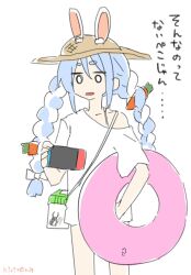 0_0 1girl animal_ear_fluff animal_ears bag bare_shoulders blue_hair bow braid brown_hat bug_cage carrot_hair_ornament chibi commentary_request ears_through_headwear food-themed_hair_ornament hair_between_eyes hair_bow hair_ornament hat highres holding hololive innertube kiritoma long_hair multicolored_hair nintendo_switch off_shoulder parted_lips rabbit_ears shirt short_eyebrows shoulder_bag signature simple_background solo standing straw_hat swim_ring thick_eyebrows translation_request twin_braids twintails two-tone_hair usada_pekora usada_pekora_(summer) very_long_hair virtual_youtuber white_background white_bow white_hair white_shirt