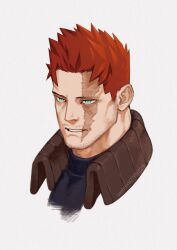1boy beard_stubble blue_eyes boku_no_hero_academia cropped_torso endeavor_(boku_no_hero_academia) facial_hair highres light_smile looking_ahead male_focus mature_male mustache_stubble red_hair sanpaku sashimi_oran scar scar_across_eye scar_on_face short_hair sideburns sideburns_stubble smile solo spiked_hair stubble tsurime