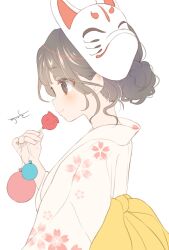 Rule 34 | 1girl, blush, brown eyes, brown hair, candy apple, closed mouth, festival, floral print, floral print kimono, food, hair bun, highres, holding, japanese clothes, kimono, kuga tsukasa, long sleeves, mask, mask on head, original, print kimono, sash, simple background, smile, solo, upper body, white background, white kimono