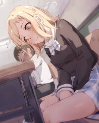 1boy 1girl black_shirt blonde_hair blue_skirt blush breasts bulge classroom closed_mouth covered_erect_nipples flying_sweatdrops highres idolmaster idolmaster_shiny_colors indoors looking_at_another medium_breasts miniskirt on_chair plaid_clothes plaid_skirt sakuragi_mano school_uniform seneto serafuku shirt short_hair sitting skirt white_shirt
