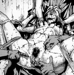 Rule 34 | 1girl, artist request, monochrome, monster, monster girl, nude, restrained, uncensored, zombie