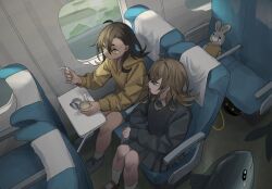 Rule 34 | 1girl, 1other, airplane interior, black hair, blue eyes, brown hair, brown hoodie, commentary, crying, cup, fish, from above, hair behind ear, hair between eyes, highres, holding, holding spoon, hood, hood down, hoodie, ice cream cup, original, plastic spoon, rabbit, shoes, short eyebrows, shorts, sitting, skirt, spoon, symbol-only commentary, tears, tensen (dotted line), yellow eyes
