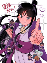 1girl ace_attorney black_eyes black_hair blunt_bangs blush cellphone chibi chibi_inset clenched_hand closed_mouth fingernails hair_ornament half_updo hanten_(clothes) heart index_finger_raised jacket japanese_clothes jewelry kimono long_hair magatama magatama_necklace maya_fey necklace open_clothes open_jacket phone purple_jacket purple_kimono purple_sash renji_yanagi sash sidelocks smile translation_request