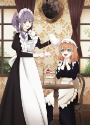 2girls :d alternate_costume apron aqua_eyes blush cake cake_slice cerise_bouquet commentary cup curtains decantering enmaided feet_out_of_frame food food_request frilled_apron frilled_hat frills green_eyes hat highres hinoshita_kaho holding holding_saucer holding_teapot indoors link!_like!_love_live! long_hair love_live! maid maid_apron maid_headdress mob_cap multiple_girls open_mouth orange_hair otomune_kozue own_hands_together pouring purple_hair satolive20 saucer side_ponytail sitting smile standing symbol-only_commentary teacup teapot teeth tiered_tray upper_teeth_only virtual_youtuber waist_apron white_apron white_hat window