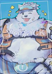 1boy animal_ears bandaid bandaid_on_cheek bandaid_on_face bara belly blue_male_swimwear blue_pants bulge character_name claws commentary_request dog_boy dog_ears dog_nose fang fang_out fat fingerless_gloves furry furry_male gloves goggles goggles_on_headwear highres igarashi_(igarashi_ta) keyhole life_vest live_a_hero looking_at_viewer male_focus male_swimwear multicolored_hair one_eye_closed pants plump signature smile star_(symbol) streaked_hair tongue tongue_out visor_cap white_fur yohack
