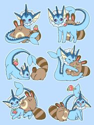 Rule 34 | :3, animal focus, applin, black eyes, closed mouth, colored sclera, fins, forked tail, full body, gen 1 pokemon, gen 2 pokemon, gen 8 pokemon, h1na3, head fins, highres, looking at viewer, nintendo, no humans, open mouth, pokemon, pokemon (creature), pokemon focus, sentret, sitting, smile, standing, tail, vaporeon