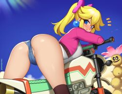 1girl ass ass_focus bent_over blonde_hair blue_eyes blue_sky bow breasts closed_mouth cloud cropped_jacket day earrings gloves high_ponytail jacket jewelry kuroonehalf leaning_on_object looking_back mario_(series) mario_kart mario_kart_world medium_breasts motor_vehicle nintendo outdoors pink_bow pink_jacket pokey_(mario) ponytail princess_peach princess_peach_(touring) shirt sky smile thighhighs thighs white_shirt