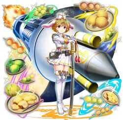 1girl alternate_costume alternate_headwear animal_ears belt_pouch blonde_hair boots closed_mouth collared_shirt dango dress floppy_ears food food_request full_body game_cg gloves hands_on_hilt hat highres long_sleeves looking_at_viewer medal necktie official_art orange_necktie pleated_skirt pouch rabbit_ears rabbit_girl rabbit_tail red_eyes ringo_(touhou) ringo_(white_rabbit_investigation_team)_(touhou) rocket rotte_(1109) sheath sheathed shirt short_hair skewer skirt solo space sparkle standing star_(symbol) sword tail thigh_boots third-party_source touhou touhou_lostword transparent_background v-shaped_eyebrows wagashi weapon white_boots white_dress white_gloves white_hat white_shirt white_skirt yellow_eyes