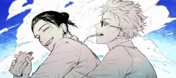 Rule 34 | 2boys, absurdres, aged down, blue eyes, blue sky, cloud, cloudy sky, collared shirt, dated, from side, getou suguru, gojou satoru, greyscale, gsgs 5725, hair bun, hair pulled back, highres, holding, jujutsu kaisen, looking at viewer, male focus, monochrome, monochrome background, mouth hold, multiple boys, plug (piercing), round eyewear, saliva, shirt, short hair, sky, smile, spot color, teeth, teeth hold, tongue, tongue out, twitter username, upper body, white shirt, yellow eyes