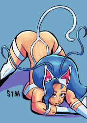 1girl animal_ears animal_hands ass blue_eyes blue_hair breasts cat_ears cat_tail darkstalkers fans felicia_(darkstalkers) highres jack-o&#039;_challenge large_breasts long_hair silent1mystic tail very_long_hair white_fur