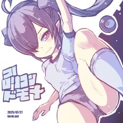 1girl ahoge arm_up backbeako_(torotei) backbeard black_background black_hair blush breasts buruma commentary covered_erect_nipples dated dated_commentary dutch_angle eyes_visible_through_hair foot_out_of_frame gegege_no_kitarou gym_shirt gym_uniform hair_over_one_eye hair_ribbon knee_up kono_lolicon_domome light_frown loli long_hair looking_at_viewer one_eye_closed original paid_reward_available pointy_ears red_eyes ribbon shirt short_sleeves simple_background sitting small_breasts socks solo sweat torotei translated twintails two-tone_background watermark web_address white_background white_shirt white_socks