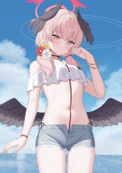 1girl absurdres artist_request black_wings blue_archive blue_sky blush closed_mouth cloud commentary_request day feathered_wings flower grey_shorts hair_flower hair_ornament halo head_wings highres koharu_(blue_archive) koharu_(pizza_hut)_(blue_archive) korean_commentary long_hair navel ocean pink_eyes pink_hair second-party_source short_shorts shorts sky smile solo standing stomach thighs torn_clothes torn_shorts twintails wings