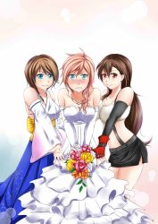 00s 10s 1990s_(style) 3girls asymmetrical_hair bare_shoulders blue_eyes blue_hakama blush bouquet breasts brown_eyes brown_hair cleavage collarbone dekataros detached_sleeves dress earrings embarrassed final_fantasy final_fantasy_vii final_fantasy_x final_fantasy_xiii flower hakama hakama_skirt japanese_clothes jewelry large_breasts lightning_farron long_hair midriff miniskirt multiple_girls navel official_alternate_costume pink_hair retro_artstyle skirt smile tifa_lockhart v_arms wedding_dress yuna yuna_(ff10)