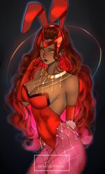 1girl animal_ears animification arialla_draws avengers_(series) black_leotard breasts brown_hair detached_collar fake_animal_ears gloves highres jewelry leotard long_hair looking_at_viewer marvel marvel_rivals medium_breasts playboy_bunny rabbit_ears rabbit_tail scarlet_witch simple_background smile solo strapless strapless_leotard tail wanda_maximoff wrist_cuffs yellow_eyes