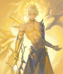 Rule 34 | 1boy, alternate form, asymmetrical wings, bare pectorals, black shirt, black wings, blonde hair, commentary, cracked skin, english commentary, hair between eyes, halo, halo behind head, highres, holding, holding sword, holding weapon, honkai: star rail, honkai (series), male focus, material growth, olfos, pectorals, phainon (honkai: star rail), shirt, short hair, solo, sword, torn clothes, torn shirt, weapon, wings, yellow blood, yellow eyes, yellow wings