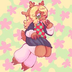 1girl animal_ears antlers blonde_hair brown_fur buck_teeth checkered_clothes checkered_sweater_vest checkered_vest colored_eyelashes deer_antlers deer_ears deer_girl deer_tail deltarune eyelashes freckles furry furry_female green_eyes highres horns larvaecandy leg_warmers long_hair long_sleeves noelle_holiday reindeer_girl shirt skirt smile tail teeth two-tone_sweater_vest vest