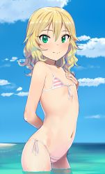 Rule 34 | 10s, 1girl, arm behind back, beach, bikini, blonde hair, blush, day, female focus, flat chest, front-tie bikini top, front-tie top, green eyes, hand on own chest, idolmaster, idolmaster cinderella girls, looking at viewer, micro bikini, navel, outdoors, pettan p, sakurai momoka, short hair, side-tie bikini bottom, smile, solo, striped bikini, striped clothes, swimsuit, wading, water