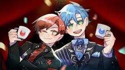 2boys ascot black_suit blue_ascot blue_hair closed_mouth confetti cup formal_clothes green_eyes highres holding holding_cup holostars holostars_english licwiz_1103 looking_at_viewer machina_x_flayon male_focus multiple_boys necktie official_alternate_costume one_eye_closed open_mouth red_hair red_necktie regis_altare short_hair smile suit upper_body virtual_youtuber