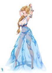 1girl absurdres adjusting_hair armpits arms_behind_head arms_up baird blonde_hair blue_eyes bracelet breasts concept_art fantasy full_body high_heels highres huge_breasts jewelry long_hair original sen_baek silver silver_armor skirt smile swimsuit water white_background