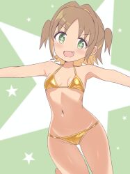 1girl armpits bikini breasts brown_hair colored_inner_hair commentary_request diamond-shaped_pupils diamond_(shape) fang gluteal_fold gold_bikini green_background green_eyes groin hair_intakes highres low_twintails micro_bikini multicolored_hair navel oka_asahi onii-chan_wa_oshimai! shirosakiyomogi small_breasts star_(symbol) stomach swimsuit symbol-shaped_pupils twintails two-tone_hair two_side_up
