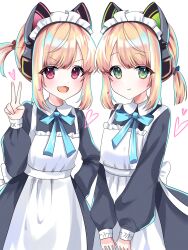 2girls :3 :d animal_ear_headphones animal_ears apron aqua_bow aqua_bowtie back_bow black_dress blonde_hair blue_archive blue_bow blush bow bowtie cat_ear_headphones cat_ears chibi_ib closed_mouth collared_dress commentary contrast_collar dress eyes_visible_through_hair fake_animal_ears frilled_apron frills green_eyes hair_bow hand_up headphones heart highres long_sleeves looking_at_viewer maid maid_apron medium_hair midori_(blue_archive) midori_(maid)_(blue_archive) momoi_(blue_archive) momoi_(maid)_(blue_archive) multiple_girls no_halo official_alternate_costume official_alternate_hairstyle open_mouth parted_bangs pink_eyes puffy_long_sleeves puffy_sleeves red_bow short_twintails siblings sidelocks simple_background sisters smile swept_bangs twins twintails v v-shaped_eyebrows v_arms white_apron white_background white_bow
