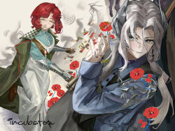 Rule 34 | 2girls, ^ ^, absurdres, black cape, blue jacket, blue shirt, cape, closed eyes, coat, coat on shoulders, couter, dress, flower, gauntlets, green coat, grey background, grey eyes, grey hair, hair ornament, hand up, highres, jacket, leg up, long dress, long hair, looking to the side, marsha (reverse:1999), military uniform, multiple girls, poppy (flower), red flower, red hair, reverse:1999, running, sentinel (reverse:1999), shirt, short hair, throwing, white dress, wu fuzuoyong