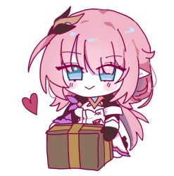Rule 34 | 1girl, black gloves, blue eyes, blush stickers, box, chibi, chibi only, commentary request, corset, dduehddueh, elf, elysia (honkai impact), elysia (miss pink elf) (honkai impact), gloves, heart, holding, holding box, honkai (series), honkai impact 3rd, korean commentary, long hair, looking at viewer, pink hair, pointy ears, simple background, solo, white background, white corset