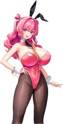 1girl :d absurdres animal_ear_hairband animal_ears arm_at_side black_hairband black_necktie breasts chichino_kaori cleavage covered_navel derauea detached_collar double_bun fake_animal_ears game_cg hair_bun hair_intakes hair_rings hairband hand_on_own_hip highleg highleg_leotard highres huge_breasts leotard light_blush long_hair looking_at_viewer motto!_haramase!_honoo_no_oppai_isekai_oppai_bunny_gakuen! necktie non-web_source official_art open_mouth pantyhose pink_hair pink_leotard playboy_bunny purple_eyes rabbit_ear_hairband rabbit_ears smile solo standing star_(symbol) star_in_eye strapless strapless_leotard symbol_in_eye tachi-e transparent_background wavy_hair wavy_sidelocks white_wrist_cuffs wrist_cuffs