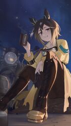 1girl absurdres animal_ears brown_eyes brown_hair brown_pants brown_pantyhose commentary_request cup highres holding holding_cup horse_ears jacket long_sleeves looking_at_viewer motor_vehicle motorcycle night night_sky outdoors pants pantyhose sitting sky solo stay_gold_(umamusume) steam umamusume yakousei_a yellow_jacket