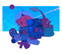 1boy adapted_costume backpack bad_tag bag bag_charm bandaid bandaid_on_cheek bandaid_on_face bandaid_on_head belt belt_buckle big_nose black_belt blue_pikmin blue_sky brown_hair brown_jacket brown_shoes buckle character_charm charm_(object) closed_eyes clothes_around_waist cloud colored_skin expressionless from_behind full_body gloves glow_pikmin highres ice_pikmin jacket jacket_around_waist leaf male_focus nintendo olimar patch pikmin_(creature) pikmin_(series) pointy_ears pointy_nose purple_pikmin red_gloves red_pikmin red_skin shoe_belt shoes short_hair sitting sky sleeping_bag spacecraft spacesuit very_short_hair whistle white_background white_pikmin yellow_pikmin yu_pikmin