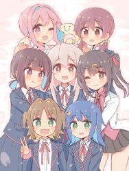 +_+ 6+girls :d :t ;) ;d ahoge aqua_hair black_hair black_jacket black_skirt blonde_hair blue_hair blunt_bangs bolo_tie brown_eyes brown_hair c: cherry_blossoms colored_inner_hair commentary es04b fang genderswap genderswap_(mtf) green_eyes hair_between_eyes hair_intakes hair_ornament hairclip highres hozuki_kaede hozuki_momiji jacket lab_coat light_blush long_hair long_sleeves looking_at_viewer low_twintails multicolored_hair multiple_girls murosaki_miyo neck_ribbon oka_asahi one_eye_closed onii-chan_wa_oshimai! open_mouth oyama_mahiro oyama_mihari petals pink_eyes pink_hair pleated_skirt ponytail pout purple_hair red_ribbon red_shirt ribbon school_uniform shirt short_hair short_ponytail sidelocks simple_background skin_fang skirt smile steepled_fingers tenkawa_nayuta twintails two-tone_hair two_side_up v white_shirt wing_collar