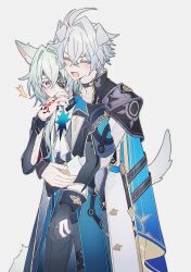 2boys :d absurdres anaxa_(honkai:_star_rail) animal_ear_fluff animal_ears antenna_hair aqua_eyes aqua_hair ascot black_capelet black_choker black_gloves black_pants black_shirt black_vest blue_cape blush cape capelet choker closed_eyes coat collared_shirt commentary_request coojisan crystal_earrings dog_boy dog_ears dog_tail earrings eyepatch fingerless_gloves fox_boy fox_ears fox_tail gloves hair_between_eyes hair_intakes hair_over_shoulder hand_tattoo highres honkai:_star_rail honkai_(series) hug hug_from_behind jewelry korean_commentary low_ponytail male_focus multicolored_eyes multiple_boys multiple_rings open_mouth pants partially_fingerless_gloves phainon_(honkai:_star_rail) ponytail purple_eyes red_tattoo ring shirt short_hair simple_background single_glove smile surprised tail tattoo two-tone_eyes vest white_ascot white_background white_coat white_hair white_shirt